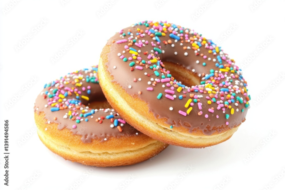 Two chocolate frosted donuts with colorful sprinkles Two chocolate frosted donuts with colorful sprinkles