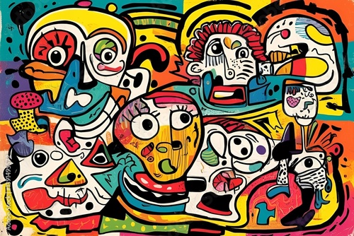 Chaotic Retro Doodle Art with Abstract Cartoon Characters