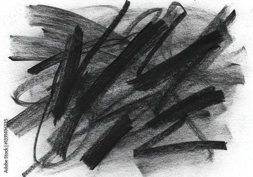 A charcoal drawing featuring bold strokes and smudged textures on a white background surface art piece