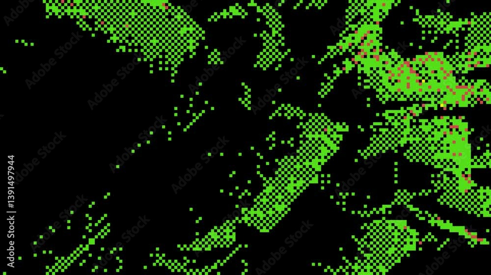 Pixelated abstract with green and black blocks, some red details on the blocks, creating a geometric pattern