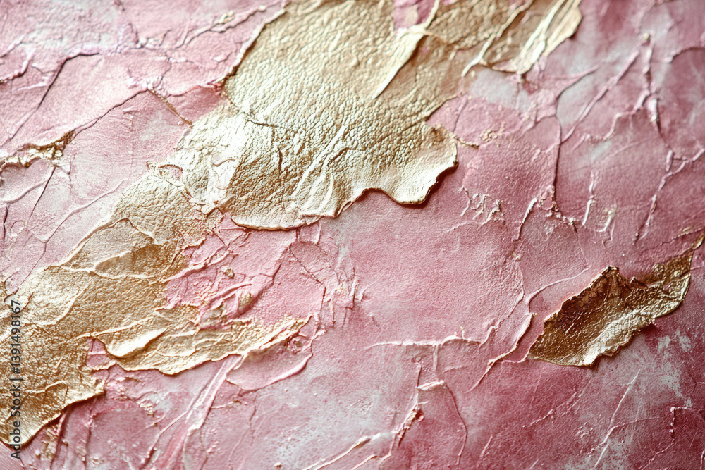Naklejka premium Abstract art featuring textured pink and gold paint, creating a luxurious and elegant visual.