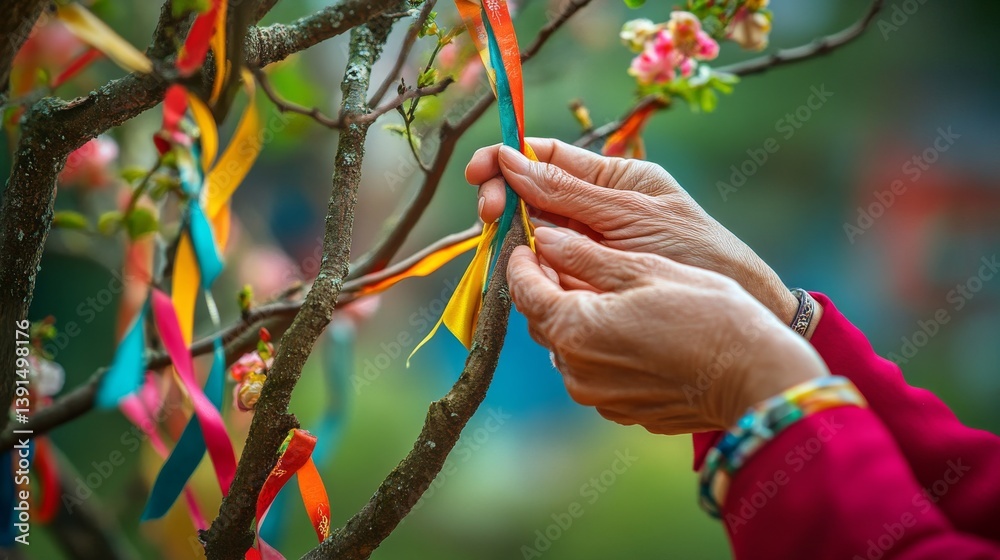 Vibrant hands tying colorful ribbons onto a blossoming tree. Each ribbon tells a story of hope and joy. A celebration of nature and art intertwines in this moment. Generative AI
