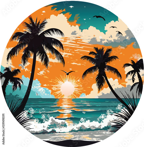 tropical island with palm trees,beach, tropical, palm, vacation, ocean, sunset, california, island, paradise, surf, summer, fashion, design, illustration, retro, poster, tee, print, palm trees, graphi photo