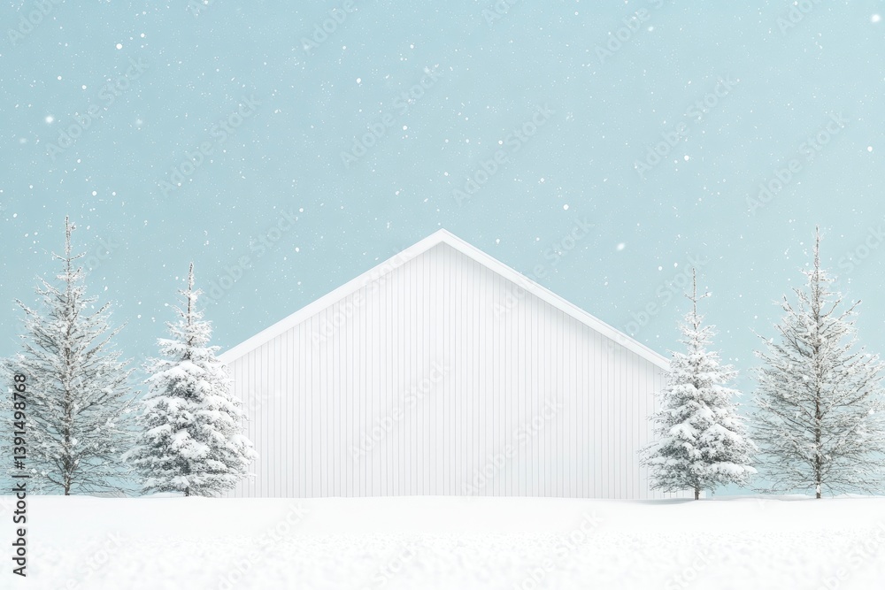 Naklejka premium Snowy White Barn and Trees in Winter Landscape with Falling Snow