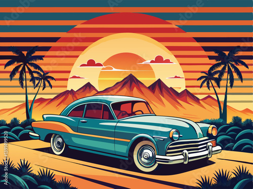 Classic Car Road Trip Turquoise Vehicle Amidst Palm Trees, Sunset, and Mountain Backdrop