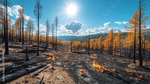 Burning forest with charred trees contrasts with sunny blue sky. Perfect to illustrate climate change, wildfires, or environmental impact. photo