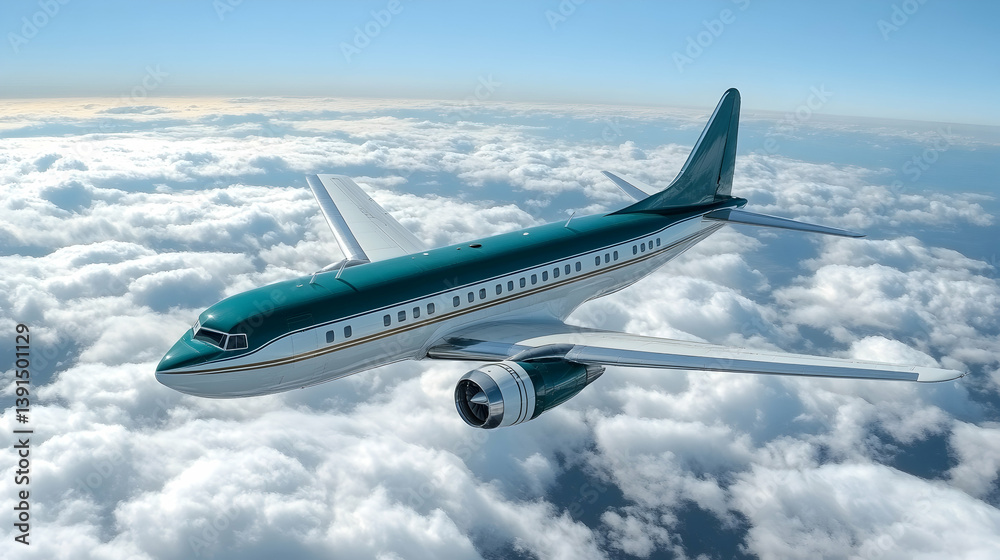 Fototapeta premium Airplane flying above clouds, teal and white.