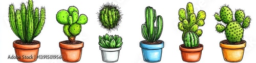 On a white background, graphite cacti are displayed, whereas hand-drawn agave, saguaro, and prickly pear plants are set against a black background