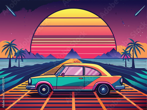 Retro Car on Tropical Road Trip, Colorful Sunset, Palm Trees, Ocean, and Shooting Star
