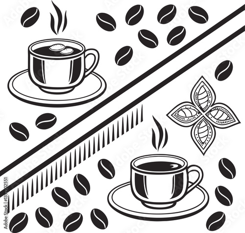 Stylized Black and White Coffee Art with Two Steaming Cups, Coffee Beans, Marshmallows, and Decorative Floral Design