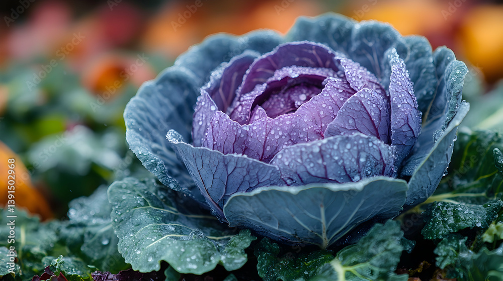 Obraz premium Close-up of a vibrant purple cabbage with dew drops, growing in a garden.