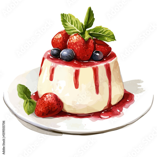 Panna Cotta, watercolor illustration, isolated on a white background.


