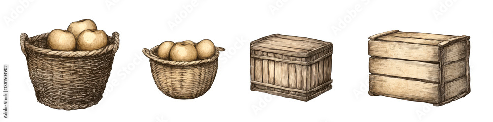 A hand-drawn illustration with a modern twist, featuring baskets of apples in different styles and designs A hand-drawn illustration with a modern twist, featuring baskets of apples in different styles and designs