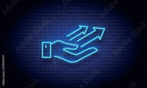 neon Investment icon. Bright Arrow above hand. Hand, arrow,  sign. Hand icon showing Business Grow Graph Icon. 