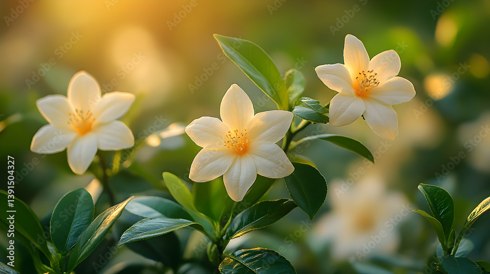 Fototapeta premium Close-up of delicate, creamy white flowers blooming in sunlight.
