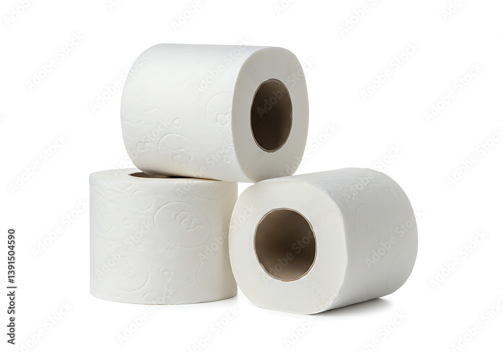 Fototapeta premium Stack of three rolls of white toilet paper on isolated on a white background