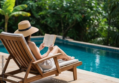 The image shows a person in a straw hat and summer dress relaxing on a wooden lounge chair by a turquoise pool, engrossed in reading a book in a tropical setting
