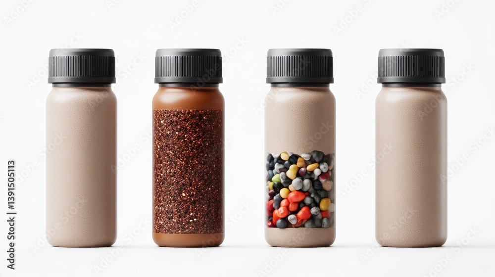 Four light brown beverage containers, with different contents Four light brown beverage containers, with different contents