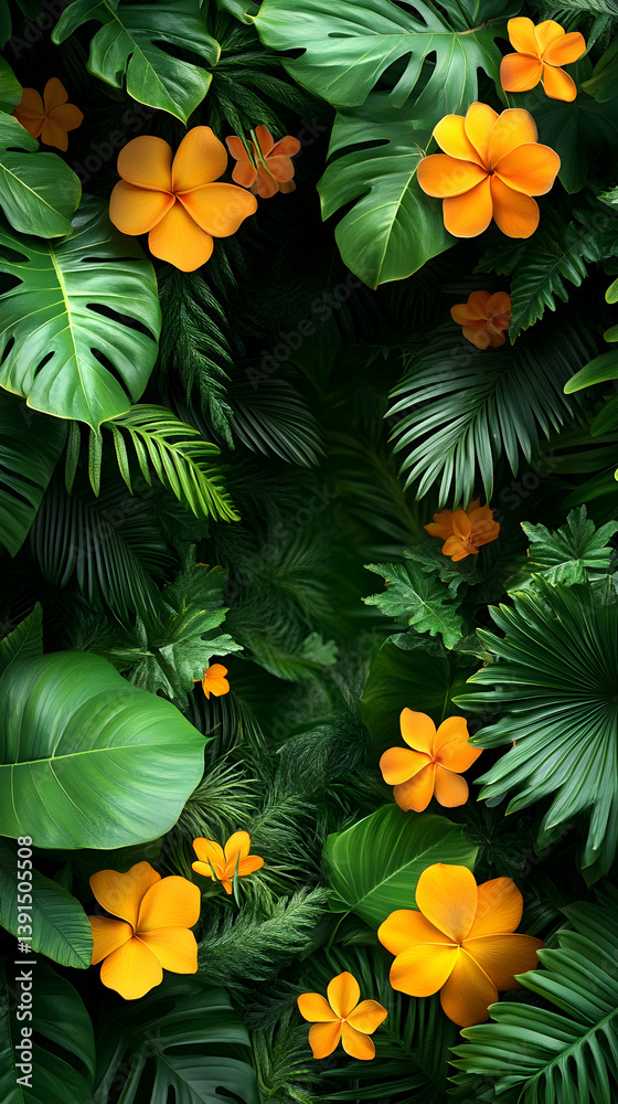 Naklejka premium Lush tropical foliage with vibrant orange flowers.