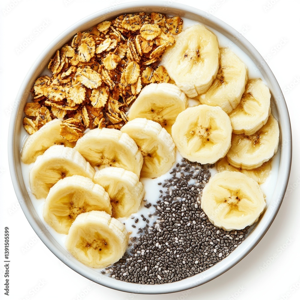 A tasty bowl of nutritious yogurt with bananas, granola, and chia seeds, set against a transparent background A tasty bowl of nutritious yogurt with bananas, granola, and chia seeds, set against a transparent background