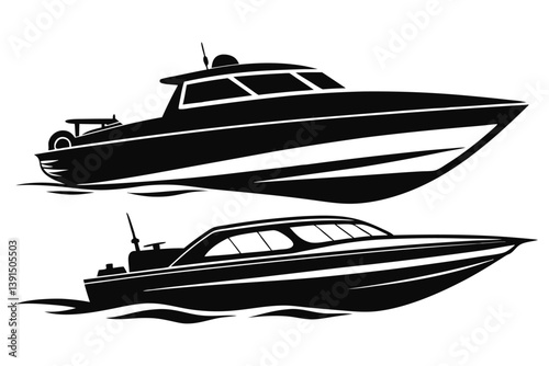 Speedboats Silhouette on White Modern Motorboats, Water Transport, Sea Vessels Icon