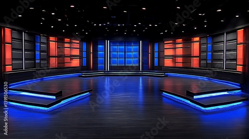 Modern TV studio set design with blue and orange accents.
