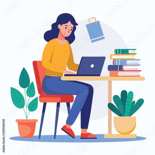 a girl is using his laptop vector