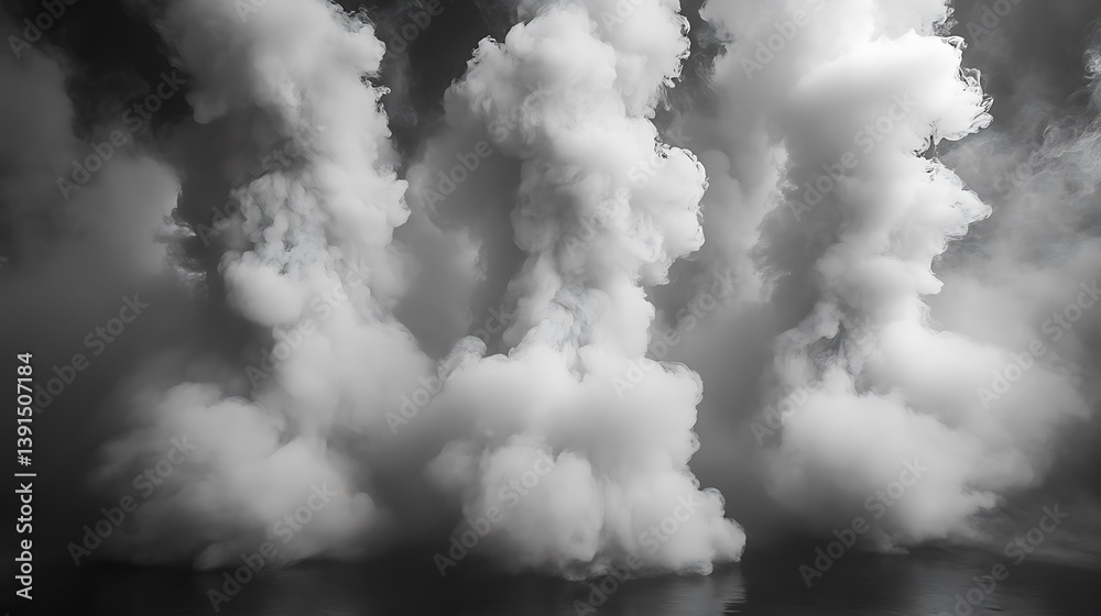 Monochromatic image of massive smoke plumes rising from dark water. Monochromatic image of massive smoke plumes rising from dark water.