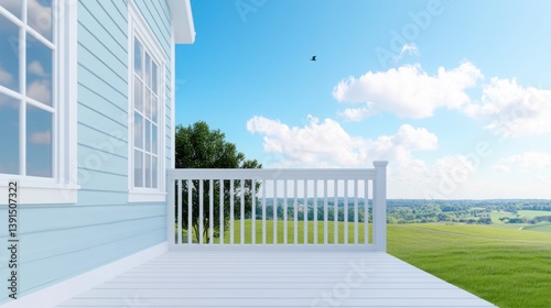 A peaceful morning in a newly built home, a family having breakfast on the porch, birds singing, fresh air