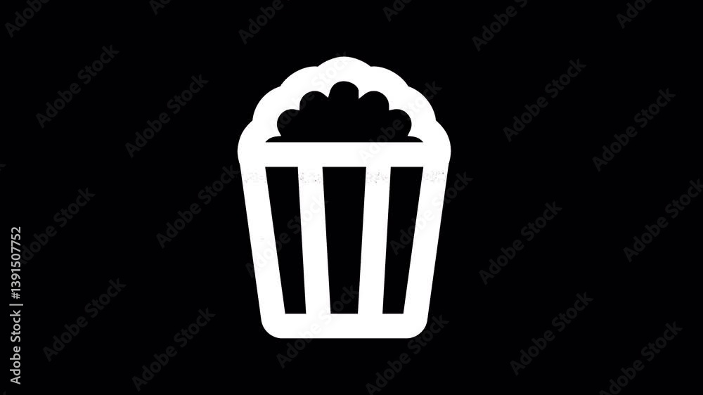 Icon popcorn is distorted. Glitch. Noise, chromatic aberration, geometric distortion. Transparent background, looped. In-Out looped. Alpha BW at the end