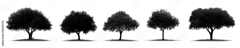 Fototapeta premium A collection of silhouette clipart showcasing a big oak tree