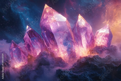 Luminous purple crystals erupt from a misty landscape under a starry sky, exuding magical, ethereal light and a sense of otherworldly wonder.