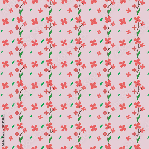 Seamless pattern with pink tiny flowers and green leaves