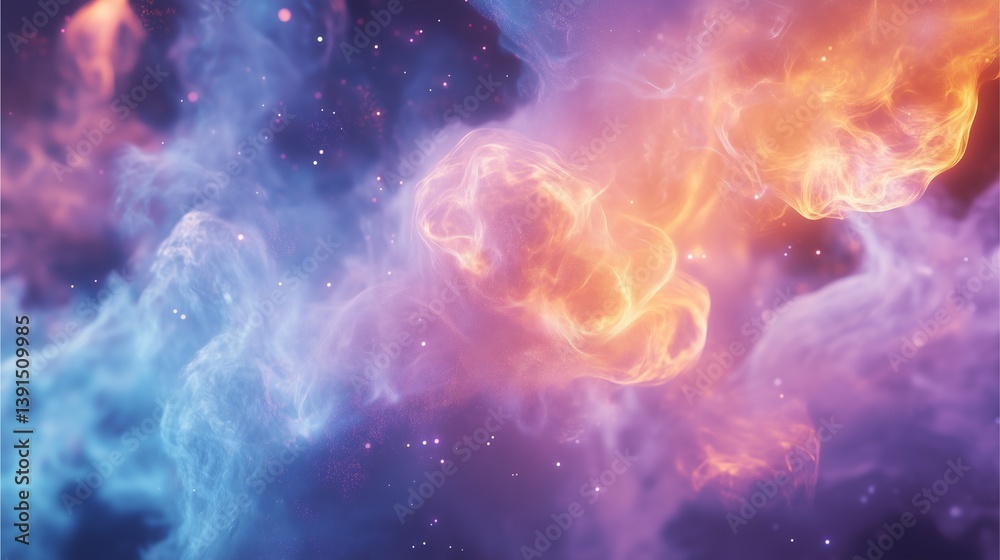 Obraz premium Celestial Symphony: A mesmerizing display of cosmic clouds swirls with vibrant hues of orange, purple, and blue, creating a breathtaking panorama of nebulae, and a vast canvas of space.