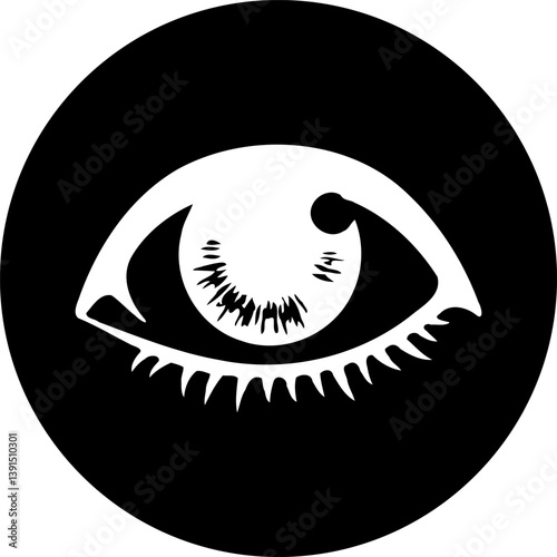 Striking graphical rendering of a single eye within a stark black circular frame