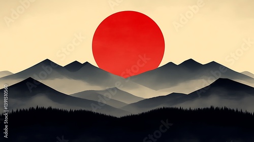 Red sun sets behind misty mountains.