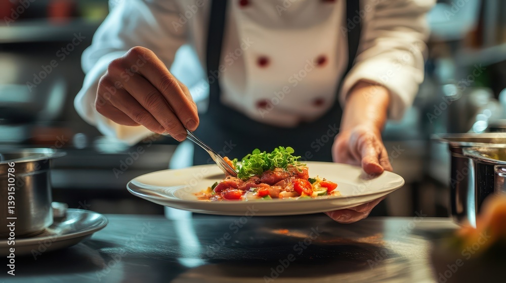 Naklejka premium A chef carefully garnishes food on a plate in kitchen