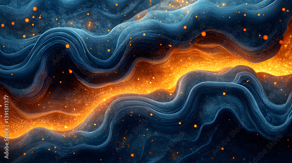 Abstract wavy lines with glowing orange highlights and blue textures, representing fluid movement and vibrant energy in a mesmerizing composition Abstract wavy lines with glowing orange highlights and blue textures, representing fluid movement and vibrant energy in a mesmerizing composition