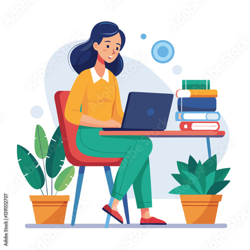 a girl is using his laptop vector