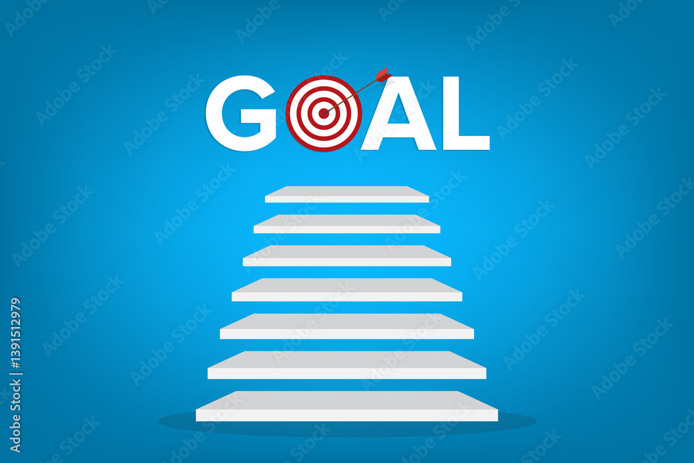 Goal, motivation to success. Climb up stairs to reach goal target on the top.	