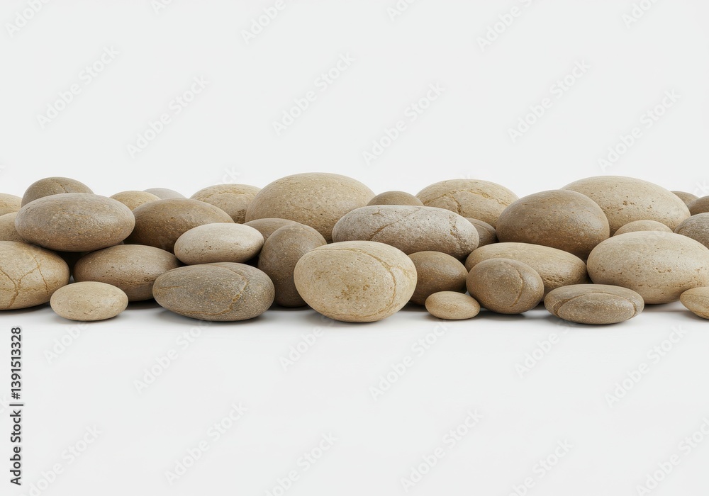A collection of smooth beige and brown stones piled together on a white seamless background surface A collection of smooth beige and brown stones piled together on a white seamless background surface