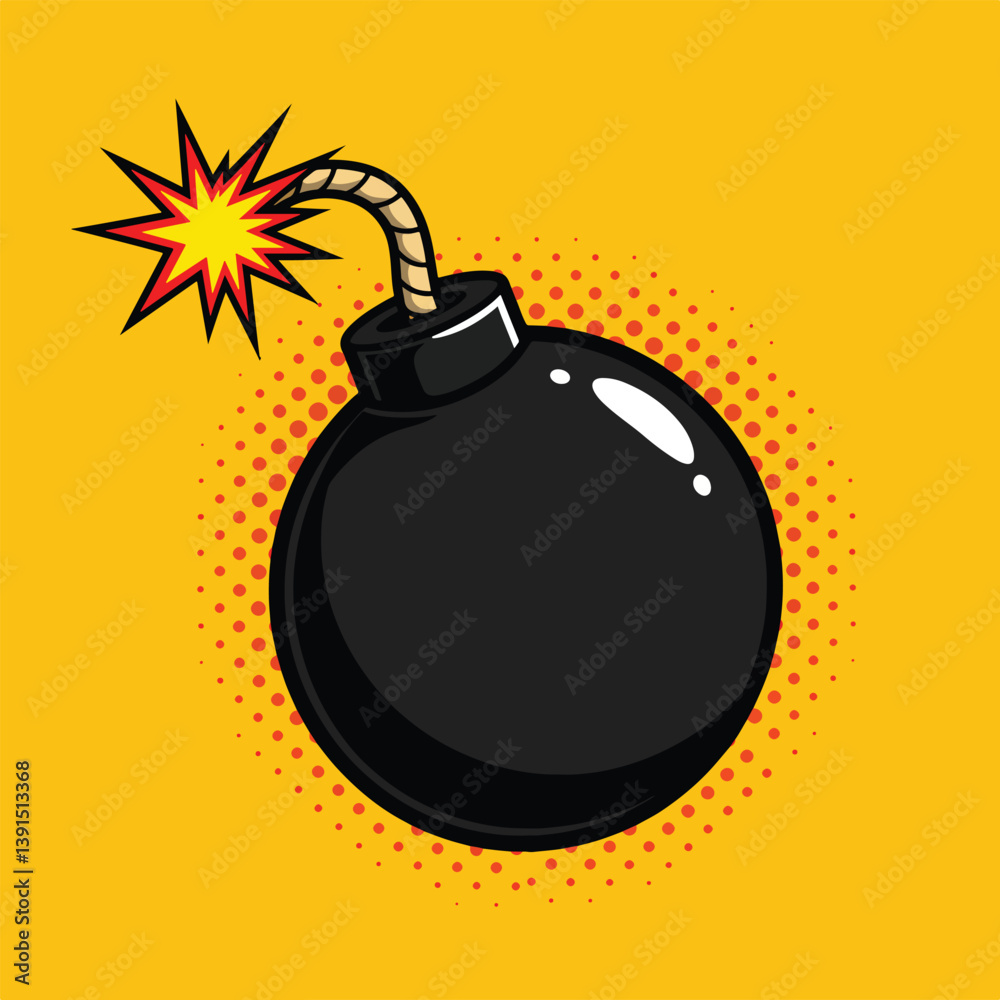 explosive pop art style cartoon bomb with lit fuse on solid yellow background vector