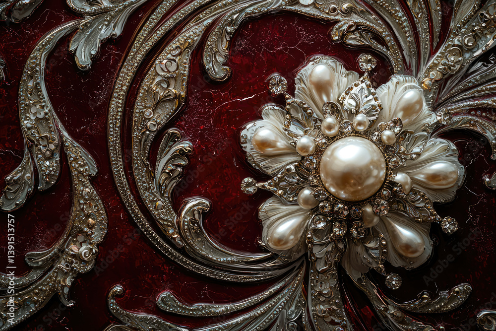 Fototapeta premium Ornate silver and pearl floral design on a rich burgundy background. Luxurious and elegant.