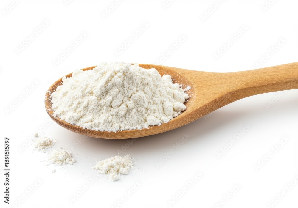 Close up view of white flour on a wooden spoon with some spilled onto a white surface in bright light Close up view of white flour on a wooden spoon with some spilled onto a white surface in bright light