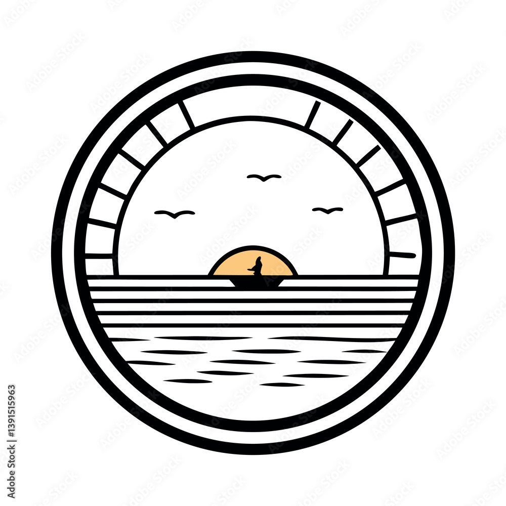Obraz premium Minimalist-logo-design--circular-beach-scene sunset.