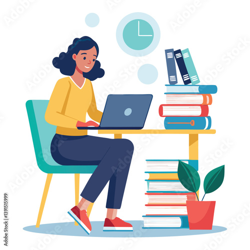 a girl is using his laptop vector