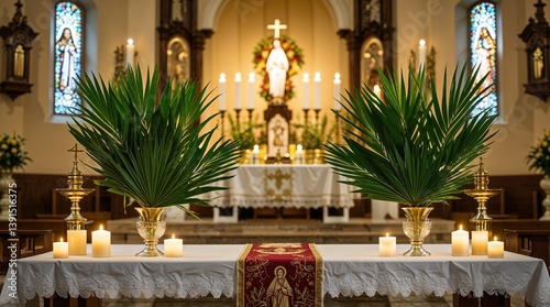 Symmetrically arranged church altar in gold and white representing serene reverence with palm branches and candles