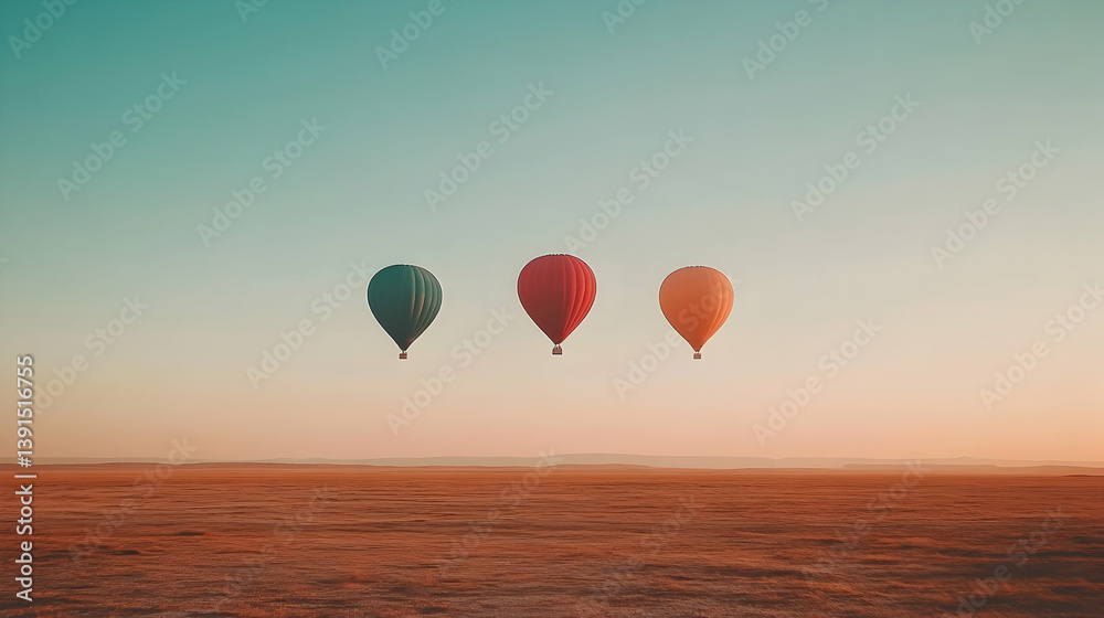 Fototapeta premium Three hot air balloons fly in a row over a flat, desert landscape at sunrise.