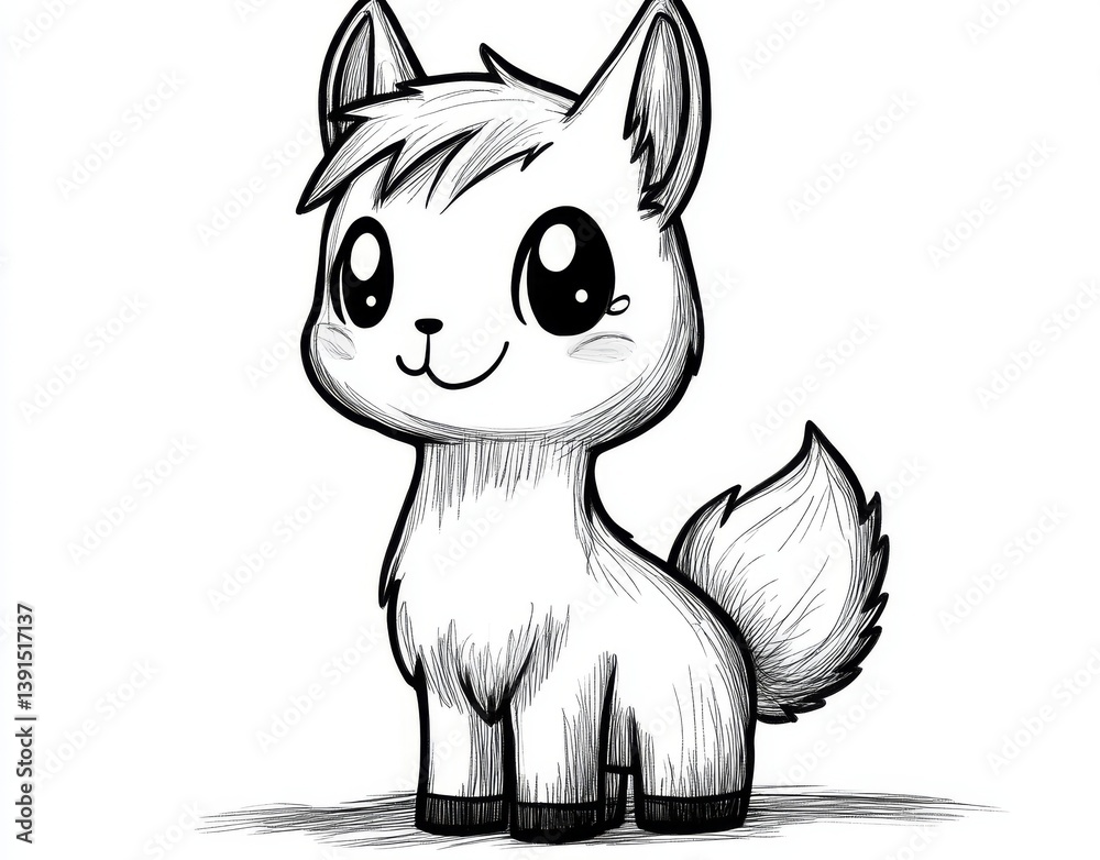 Fototapeta premium A charming cartoon alpaca is illustrated as a humorous animal doodle in a hand-drawn icon, which is also accessible as an outline drawing and line clipart symbol