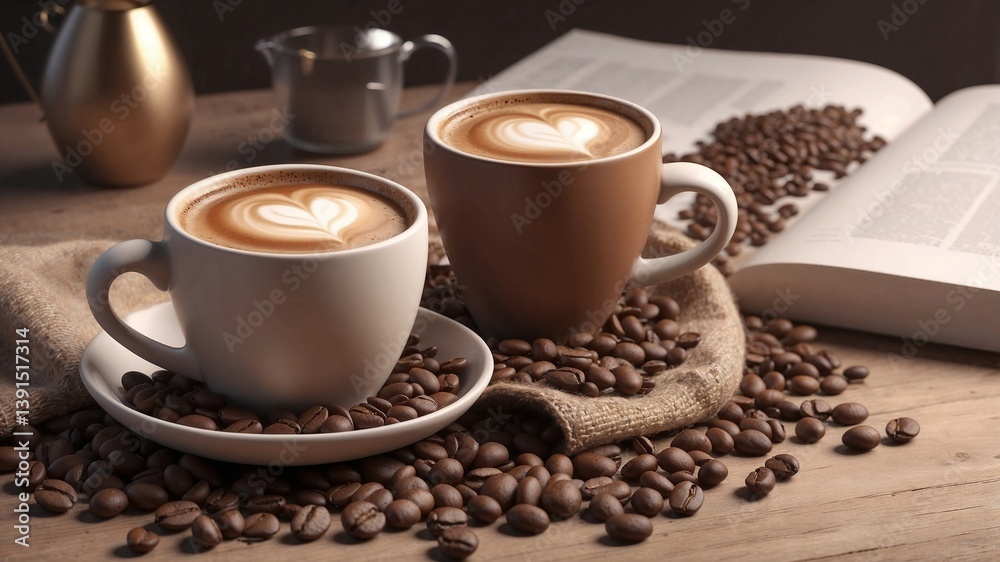 Fototapeta premium Coffee cups and beans in cozy browns.